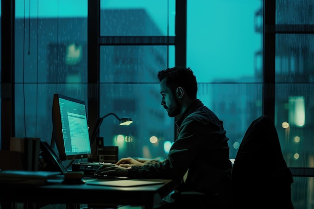 Photo dedicated professional working late in modern office setting with city lights background