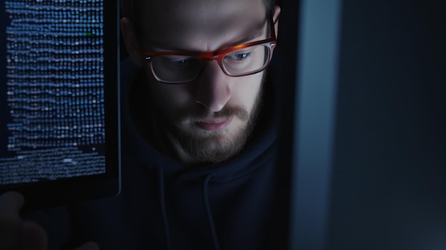 眼鏡をかぶった専用のプログラマは,コンピュータで作業しながら,サイバーセキュリティとデジタル技術を注意深く監視しながら,ソフトウェアを作成しながら,プログラミングコードを集中して精査します.