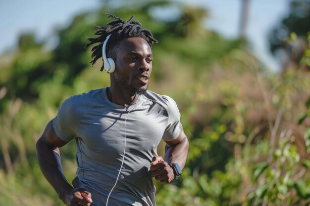 アフリカ系の献身的なスポーツマンが屋外で走りながらリズムを見つけます