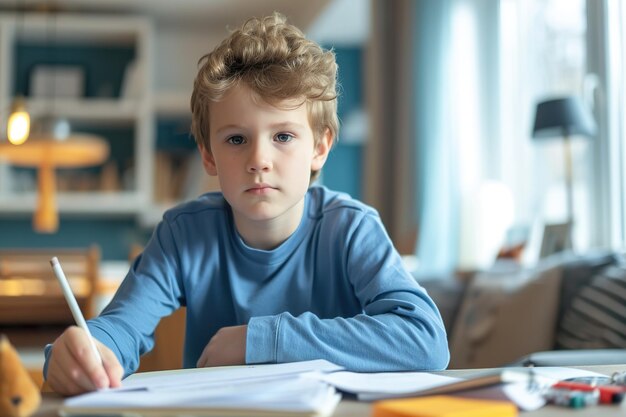 Photo dedicated year old boy concentrating on studies