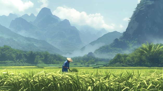 Photo dedication in agriculture a farmer tending to rice fields with majestic mountains in the background