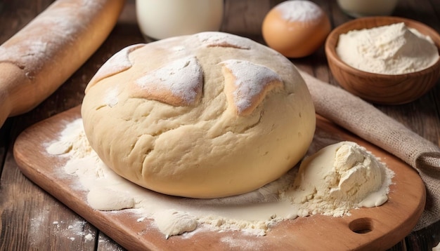 Deeg gemaakt van verse melkmeel op een houten tafel