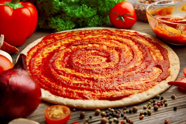 Deegbasis met ketchup en ingrediënten voor pizza op tafel