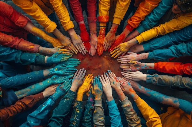 Foto deelnemers met kleurrijke geverfde handen die een cirkel vormen tijdens het holi-festival van kleuren