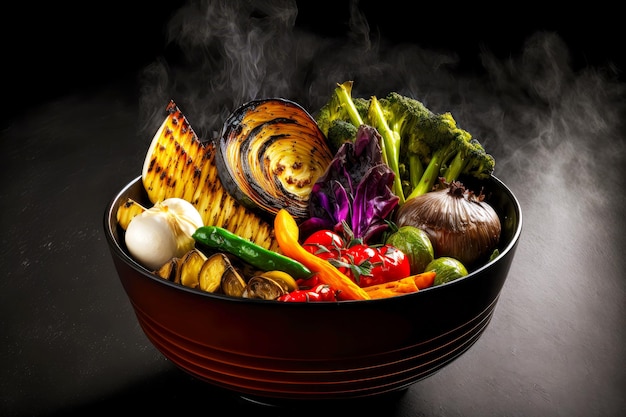 A deep black bowl with brown stripes was filled with spicy grilled vegetables