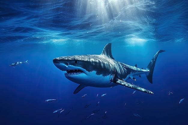 In the deep blue an apex predator silently glides embodying both power and grace the majestic shark ruler of the ocean depths illustration generative ai