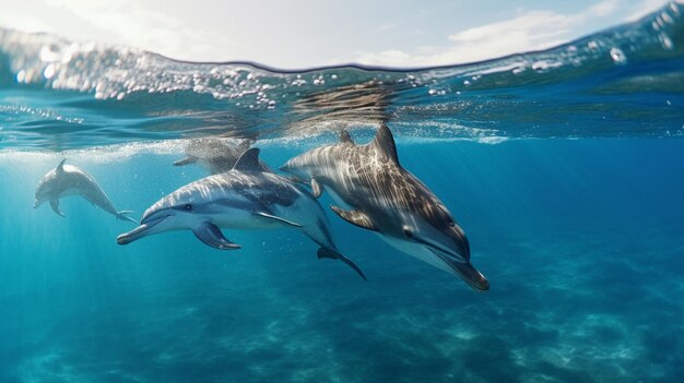 Deep blue beautiful dolphins in amazing blue ocean generative ai