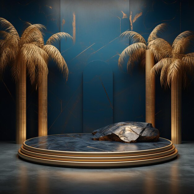 Deep blue and gold marble empty podium and golden palms