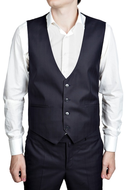 Deep blue masculine plaid waistcoat suit, isolated over white background.