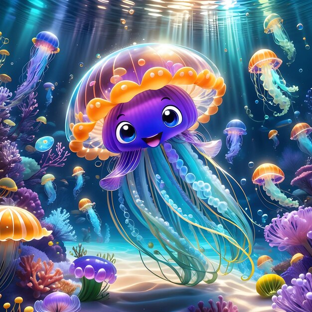 Photo in the deep blue ocean there is a tiny cute cartoon character jellyfish happily gliding through th