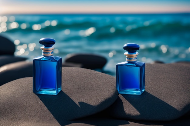 A deep blue perfume bottle on a rock Product photography