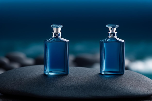 A deep blue perfume bottle on a rock Product photography