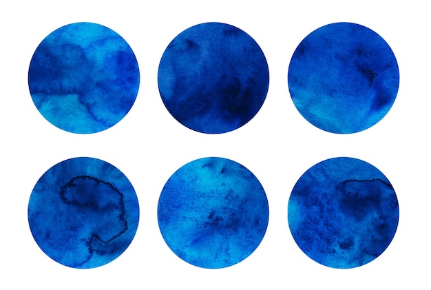 Deep blue watercolor circles set Cerulean abstract round geometric shapes on white background Aquarelle stains on paper texture Template for your design