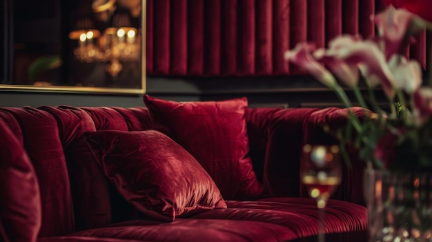 Photo the deep burgundy hue of the suede walls casts a glow upon the room enveloping everything in a warm