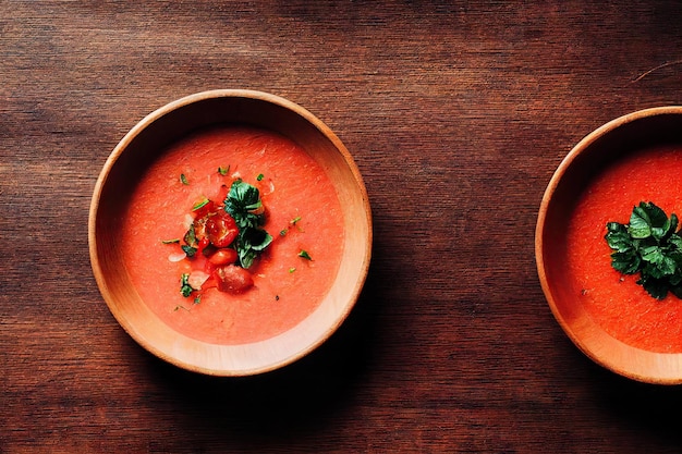 Deep clay plates with bright Spanish gazpacho on wooden table