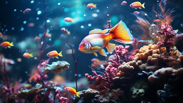 Deep below a colorful school of fish swims