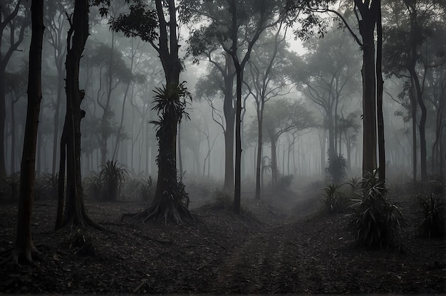 Photo deep dark forest with fog