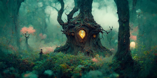 Deep in a distant, hidden, mysterious forest sits an enchanting\
fairy tree home inside an old oak