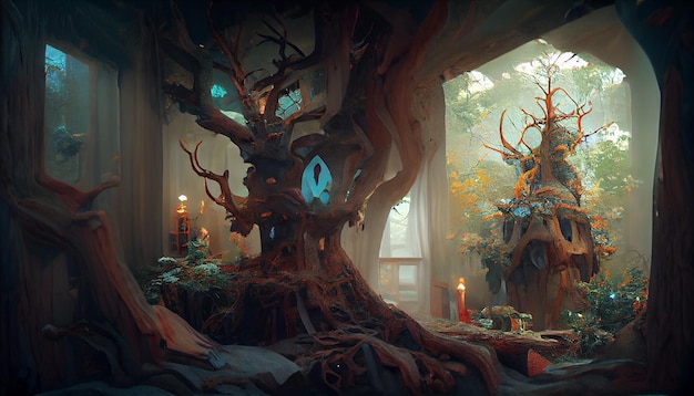 Deep in a distant, hidden, mysterious forest sits an enchanting fairy tree home inside an old oak