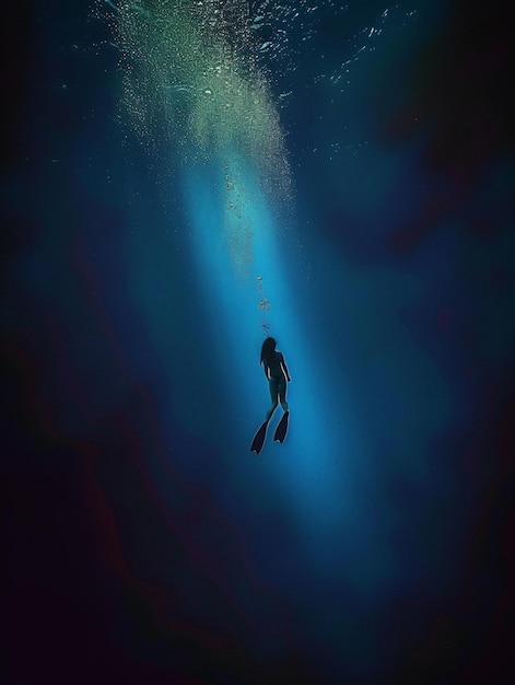 Deep diving human in underwater landscape world