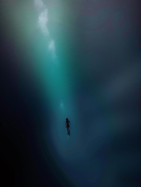 Deep diving human in underwater landscape world