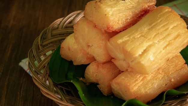 Deep fried cassava root. Brazilian Mandioca Frita (deep fried cassava/ manioc/yuca). Feijoada side dish