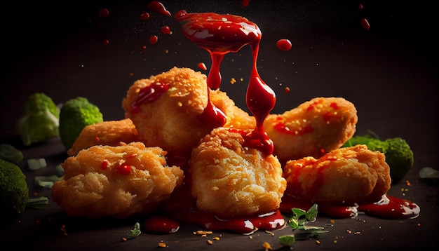 Deep fried chicken nuggets with ketchup on wooden tablegenerative ai