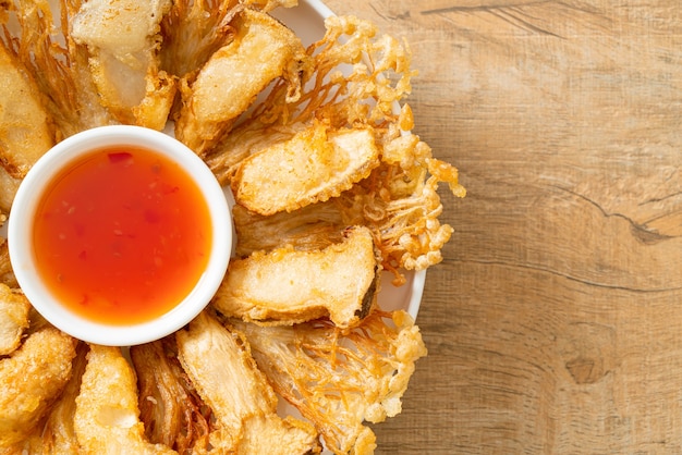 deep fried Enoki mushroom and King Oyster mushroom with spicy dipping sauce - vegan food style