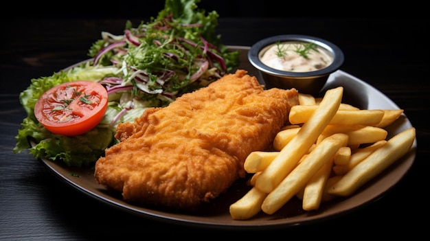 deep fried fillet with fries and salad