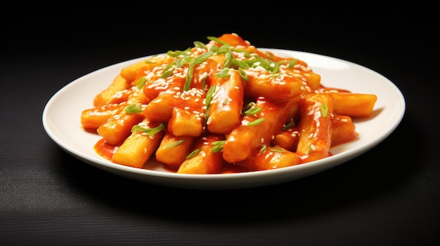 揚げられた韓国米ケーキ tteokbokki 辛口のtteokbokki 韓国風の食べ物 白いカップで隔離