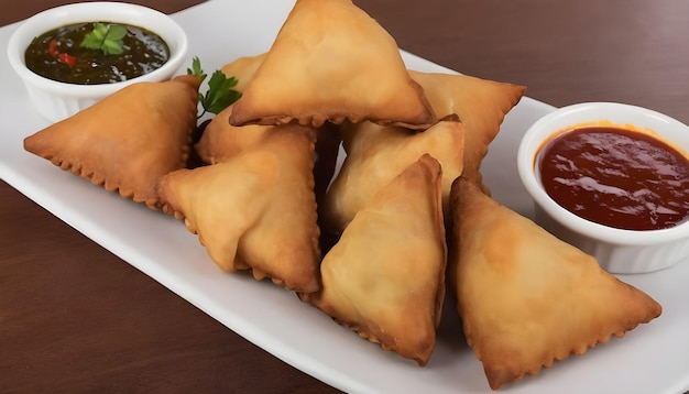  deep fried samosas and dumplings gourmet appetizer (ディープフライド・サモサとダンプリング)