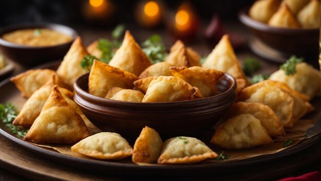 Deep fried samosas and dumplings gourmet appetizer