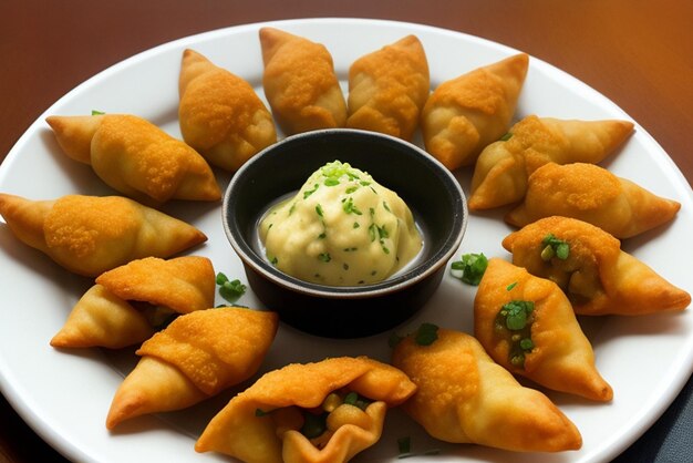 Deep fried samosas en dumplings gourmet voorgerecht gegenereerd door AI