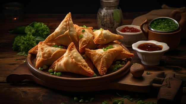 deep fried samosas on rustic wooden plate