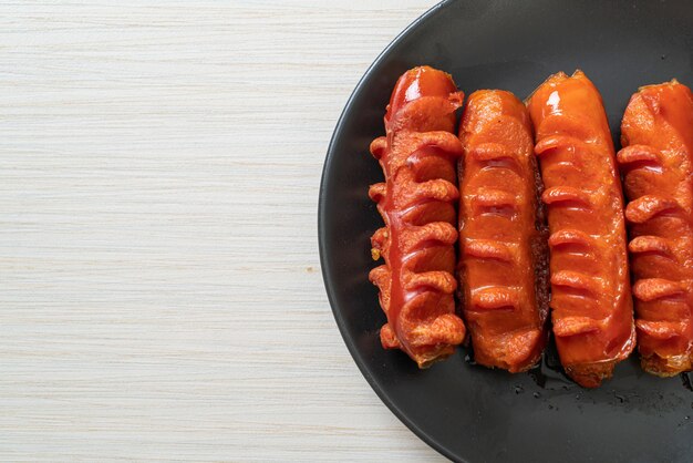 deep fried sausage skewer on black plate