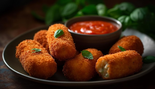 Deep fried seafood balls with savory marinara sauce and parsley garnish generated by AI