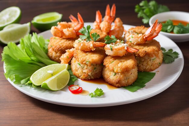 Photo deep fried shrimp cake on white plate thai food