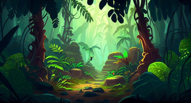 Deep jungle forest 2D background environment for a mobile game A high quality horizontal background landscape Gaming template design location Generative ai