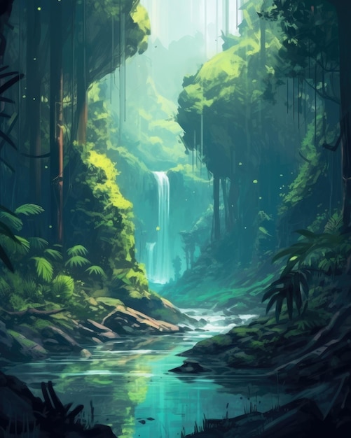 Deep jungle with lush tropical rainforest Illustration Generative AI