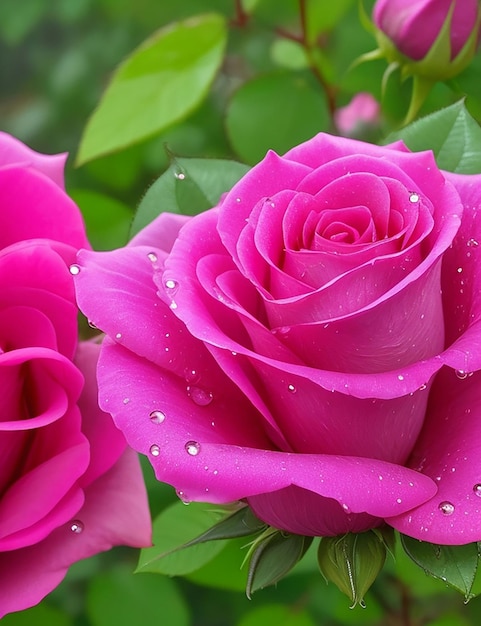 Deep pink roses with a drop of dew in the morning is very natural generated by ai