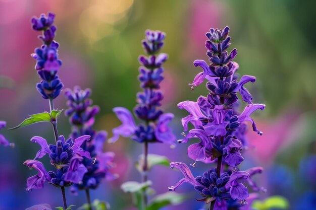 Photo deep purple salvia flowers with a soft colorful background