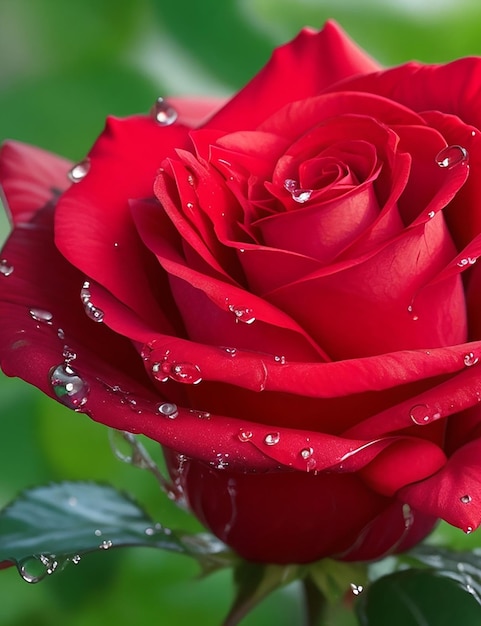 Foto le rose rosso intenso con una goccia di rugiada al mattino sono generate in modo molto naturale dall'intelligenza artificiale