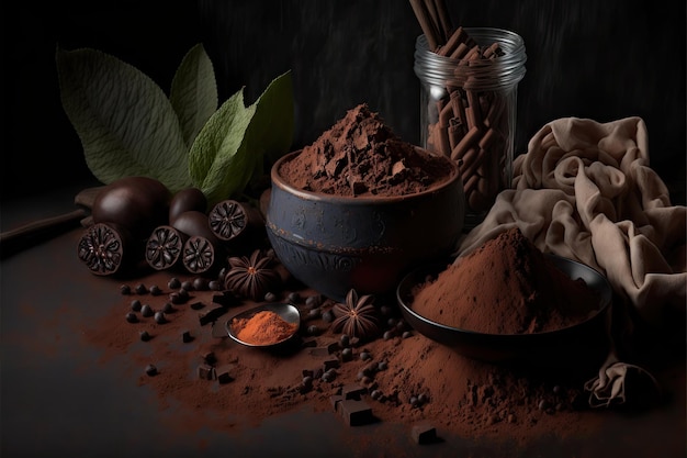 Deep round bowls with dried cocoa beans on brown wooden table