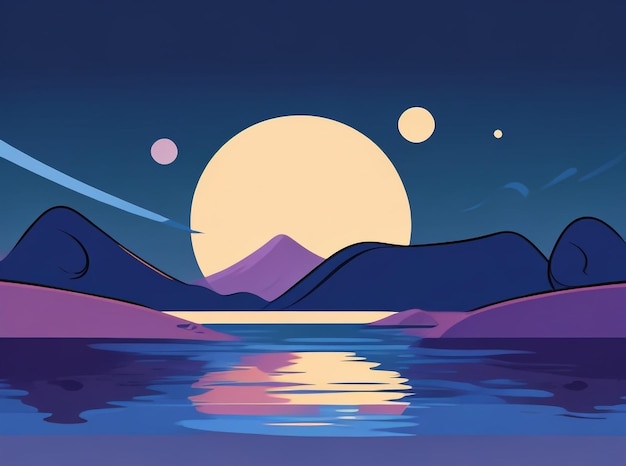 Глубокая сапфировая миражная луна над озером Вектор версия 4