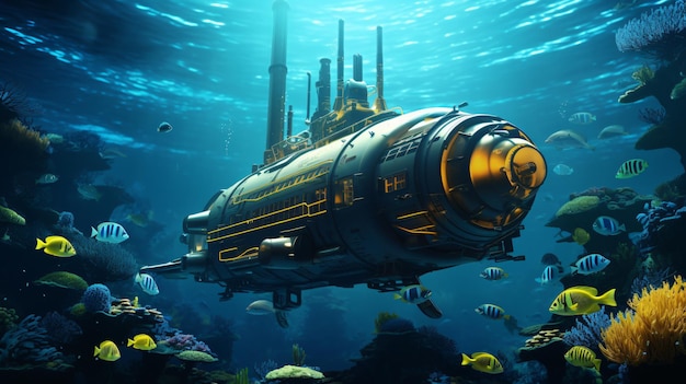 Deep sea adventure nuclear submarine in the ocean