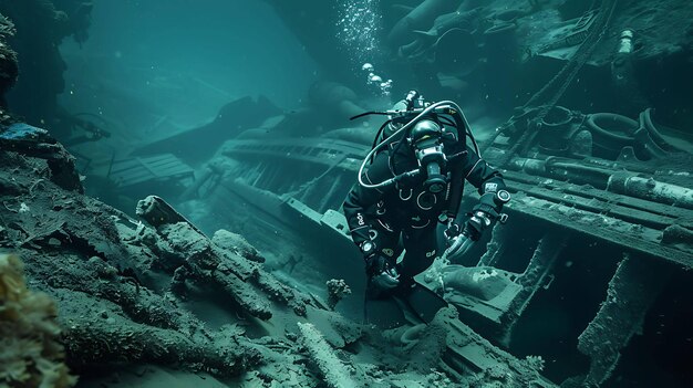 Photo deep sea diver exploring a shipwreck