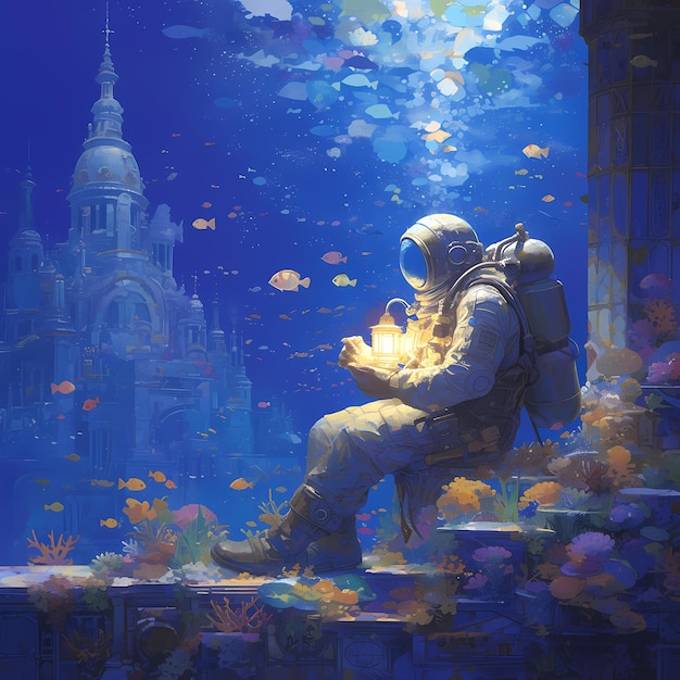 Photo deep sea diver with lantern illuminating the underwater palace