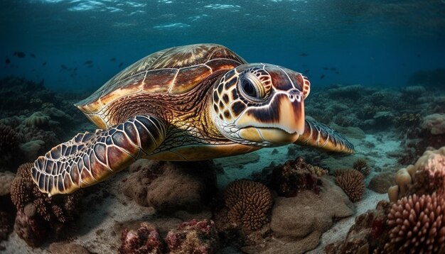 Deep sea diving with majestic sea turtles in tropical coral reef generated by AI