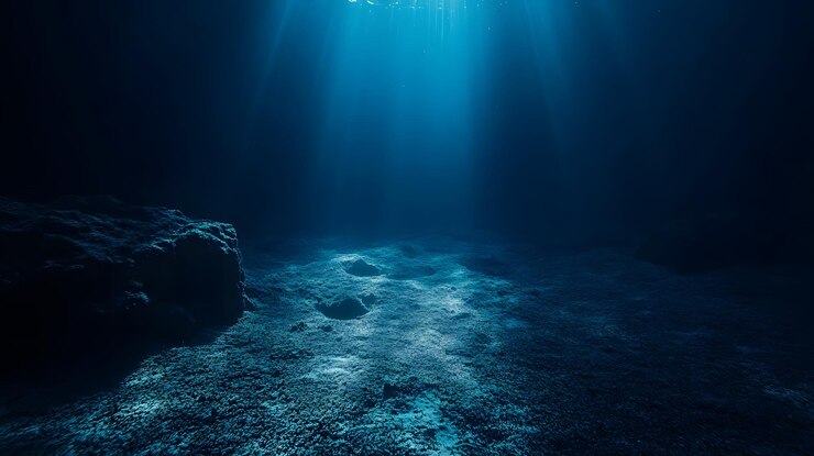 Photo deep sea exploration with krill and light rays