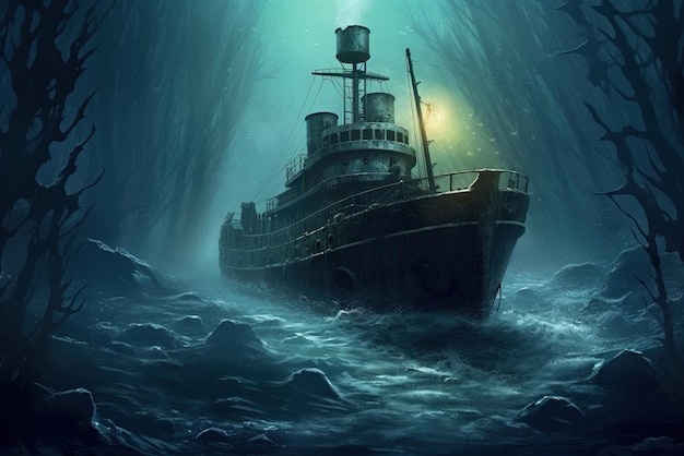 Deep sea explorers venture into the abyss the eerie silence broken only by the distant echoes of the Titanic's submerged legacy illustration generative ai